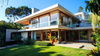 Modern detached house with panoramic windows and manicured garden, ideal for interior design and architectural projects.