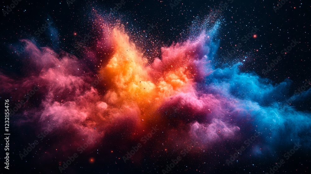 Poster colorful nebula exploding in the deep space with myriads of stars