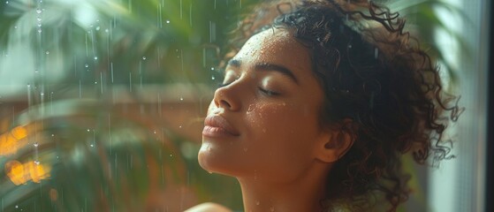 Girl enjoying the rain by the window. Suitable for blogs about relaxation, meditation and self-discovery.