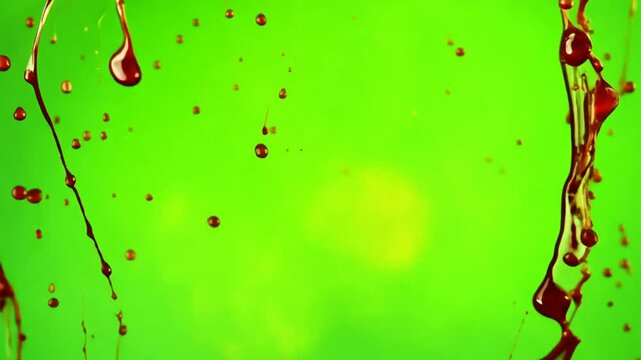 Blood Dripping on Green Screen: A stark visual of red blood dripping and splattering on a vibrant green screen background, creating a dynamic and impactful graphic for various visual projects.