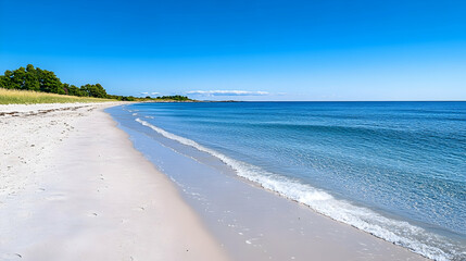 Obraz premium Sandy beach, clear ocean, summer day, tranquil coastal landscape, perfect for travel brochures