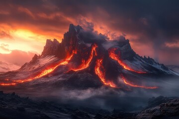 majestic volcanic mountain peak emerging through misty clouds at sunset, with dramatic red-orange alpenglow illuminating snow-covered ridges and ancient lava flows