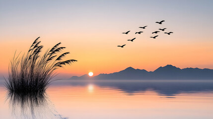 Serene sunrise over misty mountains, birds in flight, reeds reflecting in calm water; perfect for peaceful backgrounds