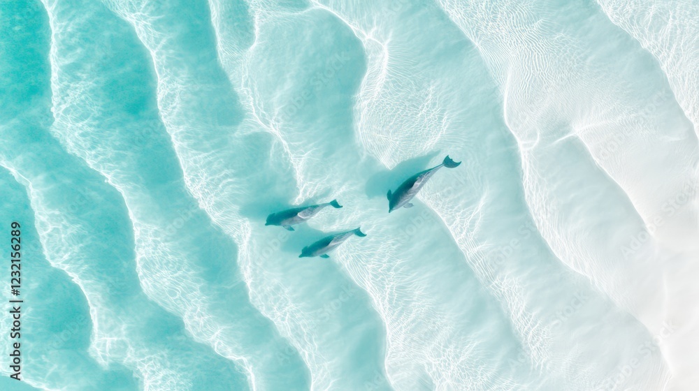 Poster three dolphins are swimming in amazing crystal clear turquoise water near a white sand beach creatin