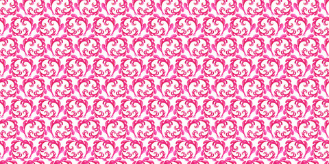 Watercolor seamless pattern with stylized pink and gold abstract acanthus leaves