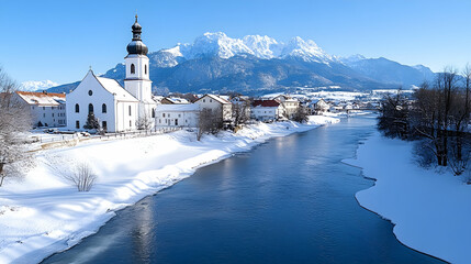 Snowy Alpine village church riverside winter scene, postcard tourism