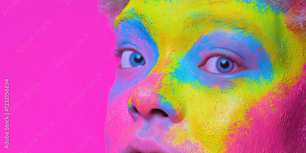 Poster close-up of face with multicolored paint application
