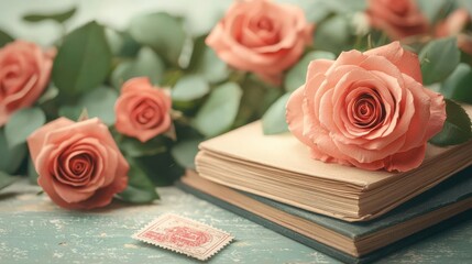 Peach roses and vintage books