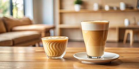 Fototapeta premium A warm, golden-colored latte with a subtle foam layer on the surface, sitting next to another identical glass of latte in a minimalist coffee shop setting , breakfast, morning