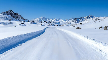 Snowy mountain road winding through winter landscape, clear blue sky; perfect for travel or winter adventure brochures