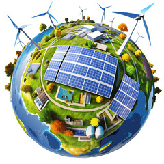 Globe made of solar panels and wind turbines, on a white background, symbol of sustainable energy and ecological future