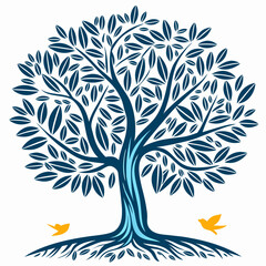 Illustration of a blue tree with butterflies, on a white background, symbol of nature and harmony