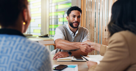 Happy, businessman and interview with handshake for hiring, recruiting or job opportunity. Male...