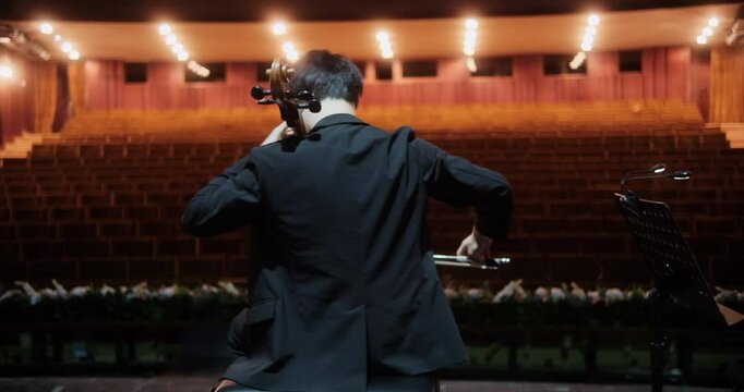 A cellist, captured from behind, rehearses on an empty stage in a grand concert hall. The rows of vacant seats seem to amplify the quiet tension and the anticipation of the upcoming performance