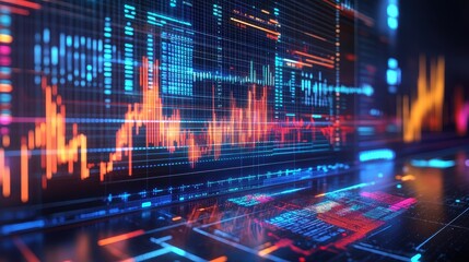 A 3D futuristic holographic interface displaying stock market data, fintech innovation, high-tech, isolated on white background. 