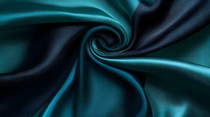Fototapeta premium Emerald and Midnight Silk Swirl: A luxurious close-up of teal and midnight blue silk fabric, creating a captivating and intricate swirling pattern.