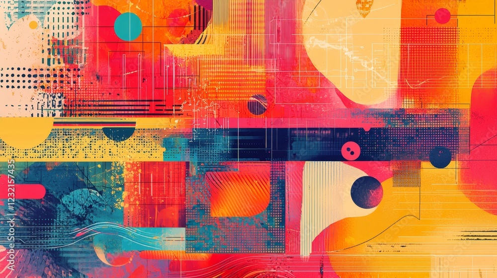 Poster vibrant abstract collage with bright colors and flowing data patterns
