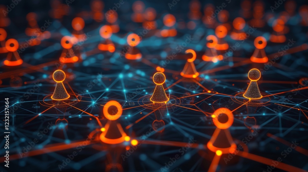Poster Glowing nodes form a complex network in a digital space, symbolizing data flow and connectivity. The scene is rich in color and depth, highlighting technology's impact on interaction.