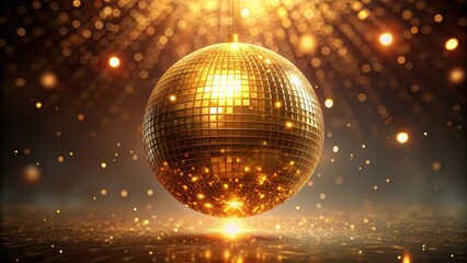 Obraz premium Sparkling golden light radiates from a vibrant metallic sphere suspended in mid-air against a shimmering dark background, modern, golden sphere
