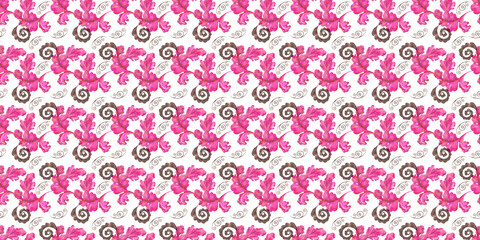 Watercolor seamless pattern with stylized pink and gold abstract acanthus leaves
