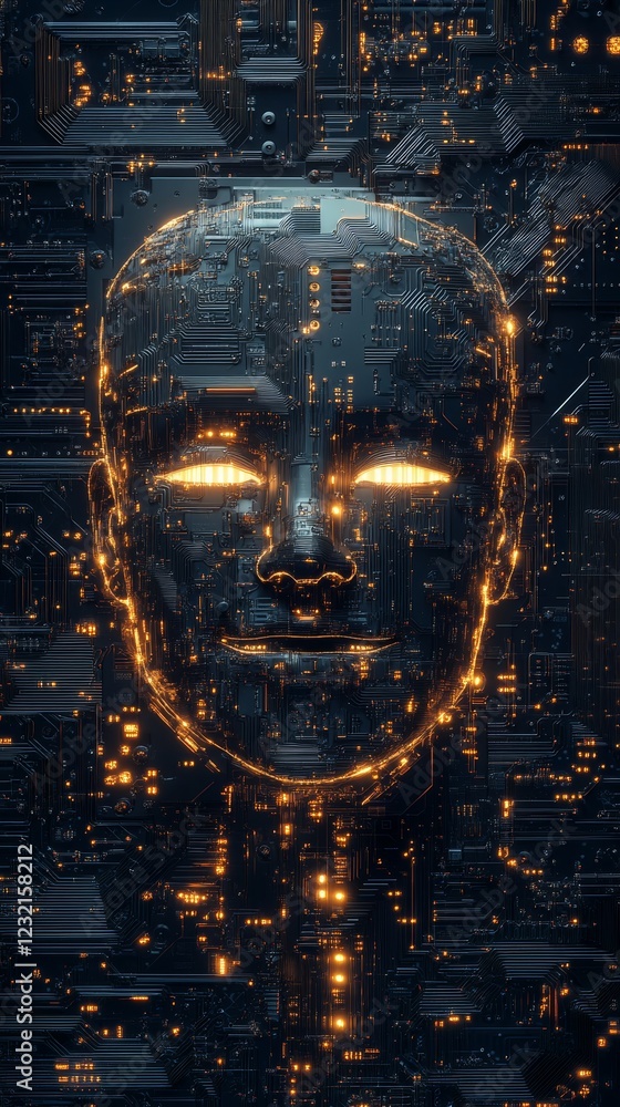 Poster artificial intelligence forming a face in a circuit board