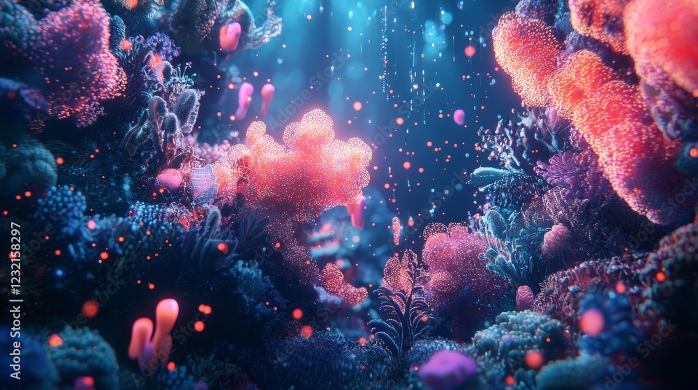 Poster luminous digital sea with colorful clusters and abstractive elements