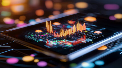 Abstract Data Visualization on Digital Tablet Glowing Charts and Graphs