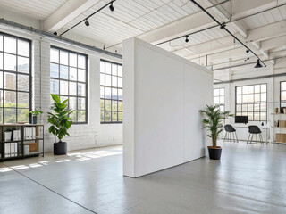 Fototapeta premium A modern and minimalist office booth showcased at a trade show, featuring a clean design and functional workspace