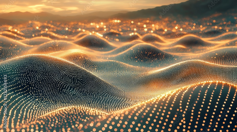 Poster shimmering particles in a dreamlike field of waves under soft light