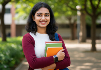 Fototapeta premium Cheerful Indian College Student Standing Outside with Books, Radiating Knowledge, Ambition, and Scholarship Dreams
