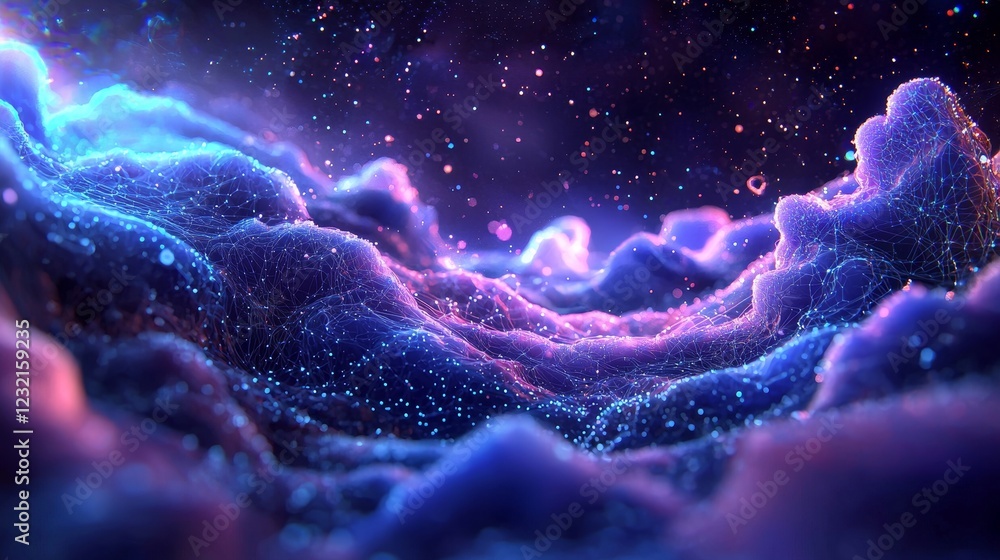 Poster glowing landscape of interconnected elements in ethereal space environment