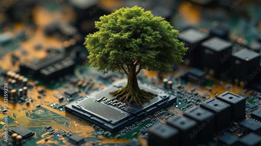 Poster lush green tree growing on a computer microchip