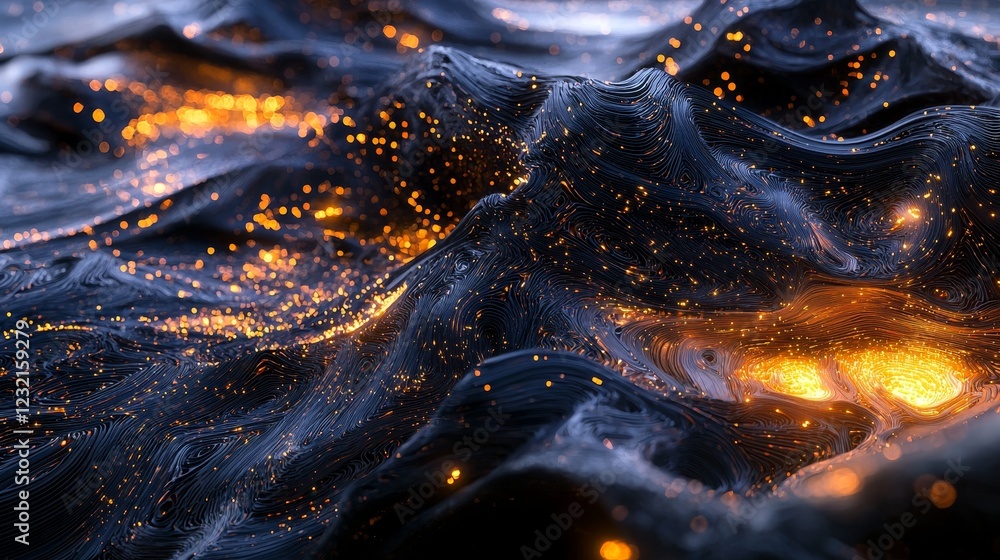 Poster Glowing Interconnected Landscape with Dynamic Fluidic Elements