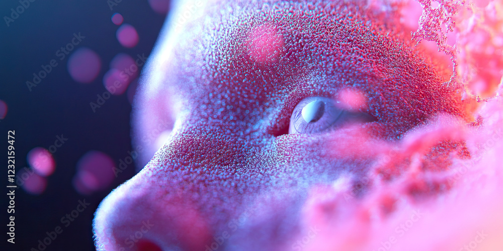 Poster close-up of stylized face with granular texture and bokeh lighting
