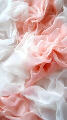 Fototapeta premium Soft Peach and White Fabric: A delicate and ethereal background featuring a soft ombre of peach and white chiffon, gracefully draped in a flowing and elegant manner.