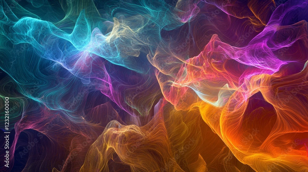 Poster colorful pulsing light waves in a dynamic abstract matrix formation