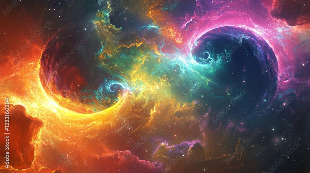 Poster mesmerizing display of synchronized colors in cosmic background