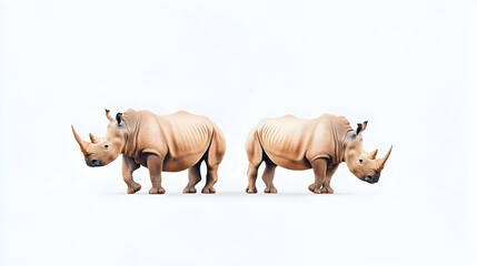 Fototapeta premium Two rhinos facing opposite directions on white background, wildlife conservation