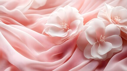 Obraz premium Delicate Blooms on Soft Pink Fabric: Two delicate white flowers with soft pink centers rest atop a flowing expanse of luxurious pink fabric, creating a stunning backdrop for elegant designs.