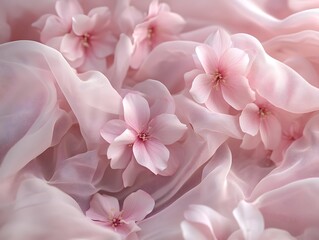 Pink Blossom on Silk: Delicate pink cherry blossoms artfully arranged on a flowing sheer silk fabric, creating a soft, romantic and elegant image.