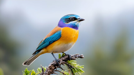 Obraz premium Vibrant blue and gold tanager perched on branch, blurred green background; nature photography for websites, prints