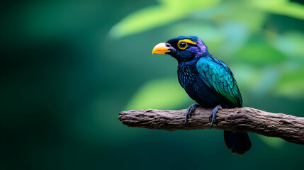 Obraz premium Vibrant blue bird perched on branch, lush green background, wildlife photography, nature poster
