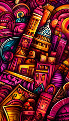 Fototapeta premium Vibrant city doodle art; architectural details, cultural influences, background swirls; ideal for website, social media, print