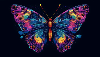 Vibrant colorful butterfly art, dark background, nature design, graphic art for print
