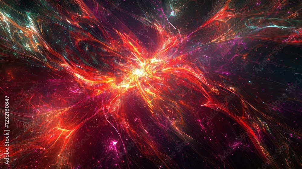 Poster radiant web of interconnected glowing strands in vibrant abstract design