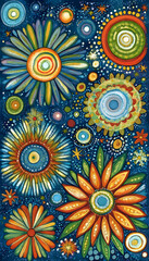 Vibrant cosmic flowers, abstract art, dark blue background, for home decor