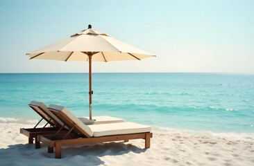Beautiful beach . Peaceful beach landscape. White sand, deck chairs and an umbrella against the backdrop of a wide panorama. The concept of rest, vacation at sea