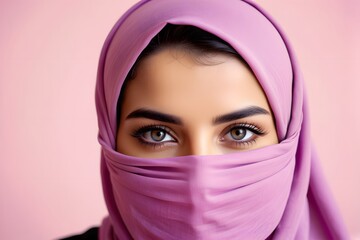 Fototapeta premium Arab woman with a purple hijab covering her face looking at the camera against the light pastel pink background with copy space.