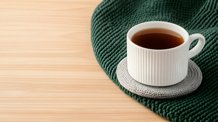 Obraz premium Warm tea, cozy knit blanket, wooden table, autumn comfort, relaxation