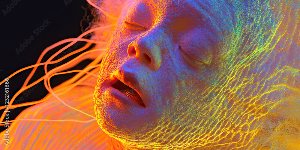 Poster digital rendering of a face with luminous texture and hair-like filaments